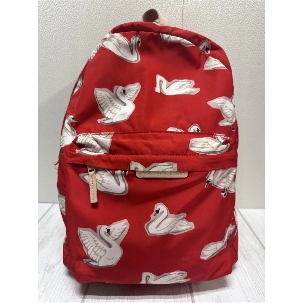 STELLA McCARTNEY Kids Backpack White Swan on Red Nylon Front Pocket